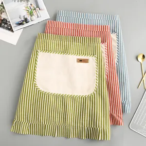 Cotton Linen Half Apron For Women Kitchen Cooking Striped Ruffle Design With Pocket Adjustable Waist Ties Cooking Apparel