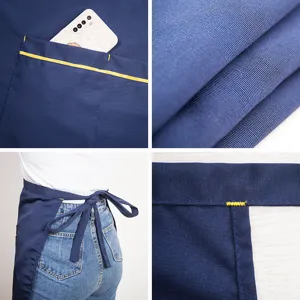 Dark blue half-body waist apron with pockets and yellow trim, professional kitchen work apron.