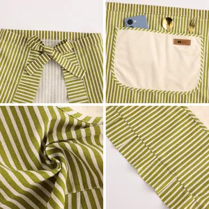 Green white striped half apron kitchen cooking waist apron with pocket and towel patch breathable.