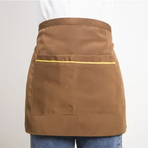 Brown waist apron with front pockets, professional half apron for kitchen cafe restaurant work wear
