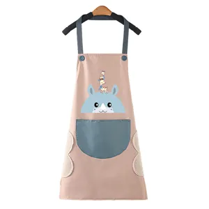 Waterproof kitchen apron with hand wipe towels cute cartoon cooking bib for home housework