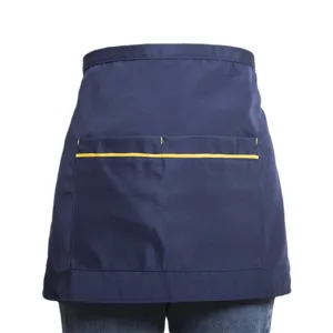 Dark blue waist apron with double pockets and yellow trim for kitchen restaurant service staff.