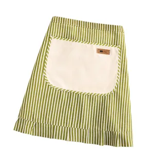 Green striped half body kitchen apron with big pocket and cute pleated hem for women cooking.