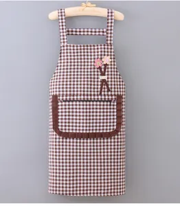 Cute brown checkered cotton kitchen apron with pocket and floral embroidery for women