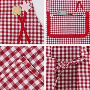 Red plaid cotton apron for kitchen cooking, stylish home housework bib with pockets.