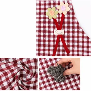 Red white plaid apron with cute 3D flower decoration, durable fabric kitchen cooking wear.