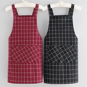Cotton Blend Plaid Kitchen Apron For Women Men Waterproof Anti-Oil Chef Cooking Baking Waist Bib Pocket Home Kitchen Accessories