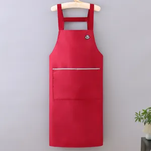 Red waterproof kitchen apron with H-shaped straps and front pocket for cooking and work.