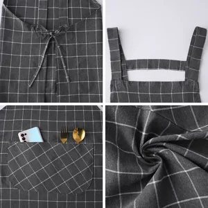 Dark grey grid cotton linen kitchen apron with straps, pockets and fine texture details.