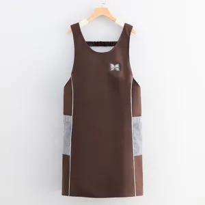 Waterproof sleeveless kitchen apron with wipeable hand towels on sides, brown home wear.