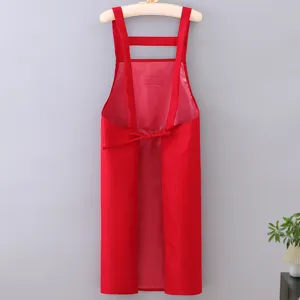 Solid red waterproof kitchen apron, long cooking work apron for home use, comfortable fit.
