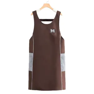 Waterproof kitchen apron with wipeable hand towels and stylish brown vest design for cooking.
