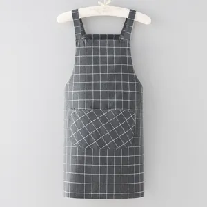 Grey grid cotton linen strap apron main view, kitchen cooking oilproof overall coverall.