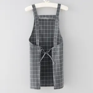 Cotton linen grid strap kitchen apron, grey plaid anti-oil smock, comfortable cooking apparel.