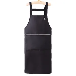 Solid color waterproof and oil-proof black kitchen apron with front pocket and chest badge.