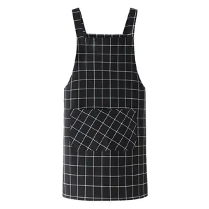 Classic black and white grid kitchen apron with front pocket cotton linen material 1pc