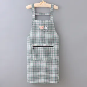 Cotton linen kitchen apron with strap zipper pocket cute plaid cooking workwear for women