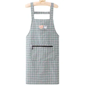 Cotton linen plaid strap apron with zipper pocket, stylish kitchen workwear for women.