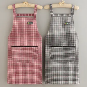 Breathable Cotton Plaid Kitchen Cooking Apron For Women Home Baking Chef Apron Adjustable Neck Strap Pocket