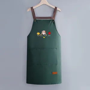 Waterproof kitchen apron with pockets, adjustable cross straps, dark green cooking bib for home use