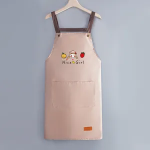 Waterproof kitchen apron with pockets, cute cartoon print, adjustable straps, beige main.