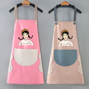Waterproof Kitchen Cooking Apron Cute Cartoon Girl Print PVC Apron With Wipe Towel Pockets Japanese Style Kitchen Aprons For Women Adults