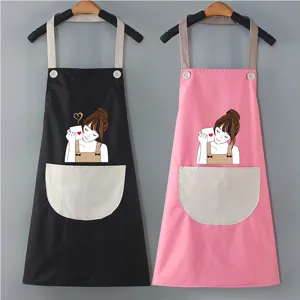 Cute waterproof kitchen apron set, sweet girl print with pocket, ideal for cooking and housework.