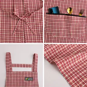 Red white plaid kitchen apron four grid detail view with pocket cotton cooking apparel.
