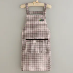 Breathable cotton plaid kitchen apron for women, comfortable cooking waist bib with pockets.