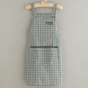 Breathable cotton kitchen apron for women, cute plaid cooking waist apron with pockets.