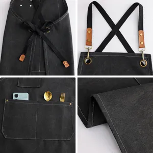 Dunkelgraue Arbeits-Leinwand-Schürze mit Kreuzgurt und praktischen Taschen für die Küche.