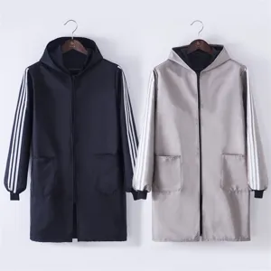 Waterproof fleece-lined long sleeve hooded work apron jacket with side stripes, winter warm coat.