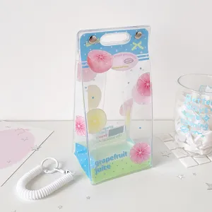 Detail of transparent PVC doll display bag with pink grapefruit juice pattern