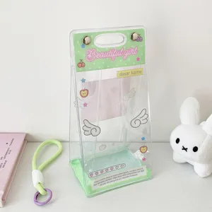 Clear PVC plush doll display bag with angel wings and cute graphics for 10cm dolls