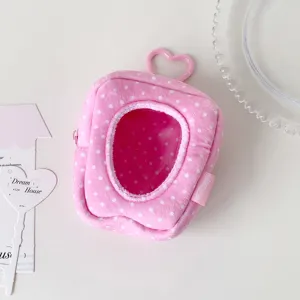 Pink polka dot plush doll display bag with heart-shaped ring and window
