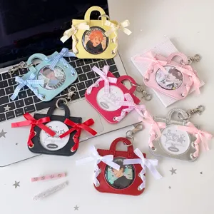 Mini Handbag Shape Badge Display Holder PU Leather Ribbon Bow Badge Protective Case For Anime Idols Bag Charm Decoration