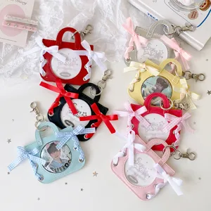 Mini handbag badge holders with ribbons in various colors for idol photocards
