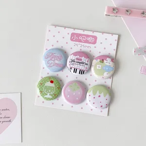 Set of 6 cute 25mm cartoon button badges with various pastel patterns and designs
