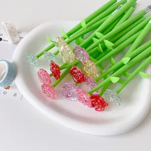 Close-up of creative rose-shaped gel pens with colorful crystal-textured flower heads