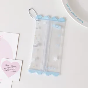 Detailed view of a clear PVC mini doll storage bag with light blue wavy edges