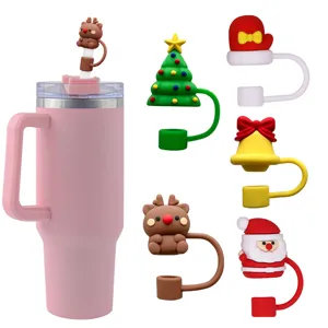 Ensemble de paille de Noël avec gobelet rose, bouchons anti-poussière en silicone pour 10mm.