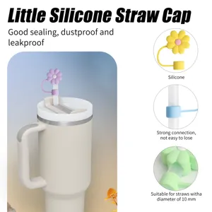 Silicone straw cap detail featuring flower design, 10mm size, leakproof and strong connection.