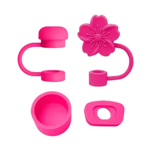 Roze siliconen rietjeshoes en anti-lek dop detail voor beker, stofdicht accessoire.