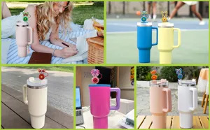 40oz insulated stainless steel tumbler with cute butterfly straw topper and handle.