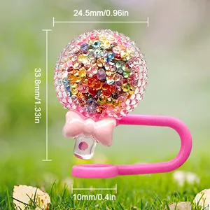 Detailansicht der glitzernden Bonbon-Strohhalmabdeckung mit Schleife und Maßangaben.