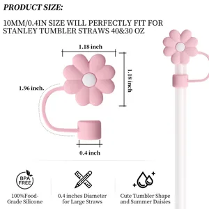 Pink daisy silicone straw cover detail, 10mm size perfectly fits large tumbler straws.