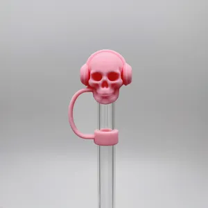 Rosa Totenkopf Kopfhörer Silikon Strohhalm Abdeckung 10mm Staubkappe Becher Zubehör süß
