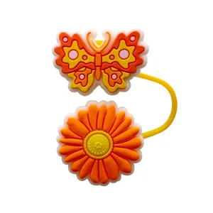 Cute silicone butterfly and daisy straw topper charm detail for cups and drinkware