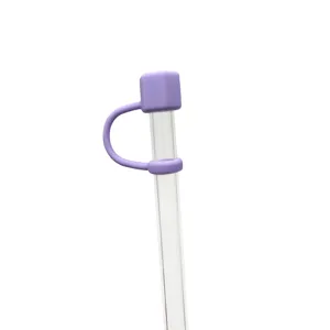 Cappuccio per cannuccia in silicone esagonale viola e cannuccia trasparente, protezione antipolvere.