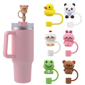 Silicone cartoon animal straw covers set with pink tumbler cup, 10mm dust-proof cap details.